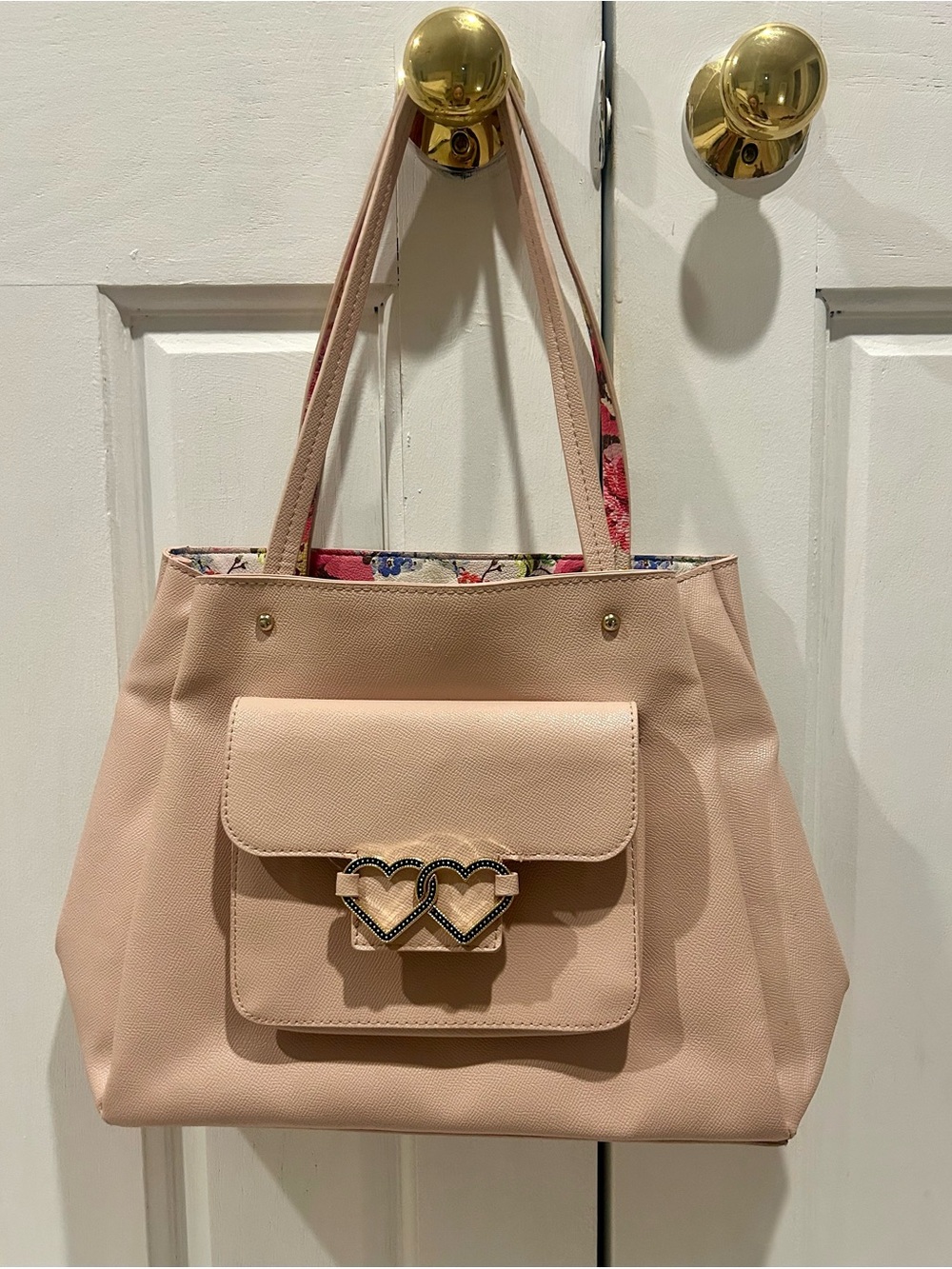 Betsey Johnson Blush Pink Shoulder Tote with Double Heart Accent